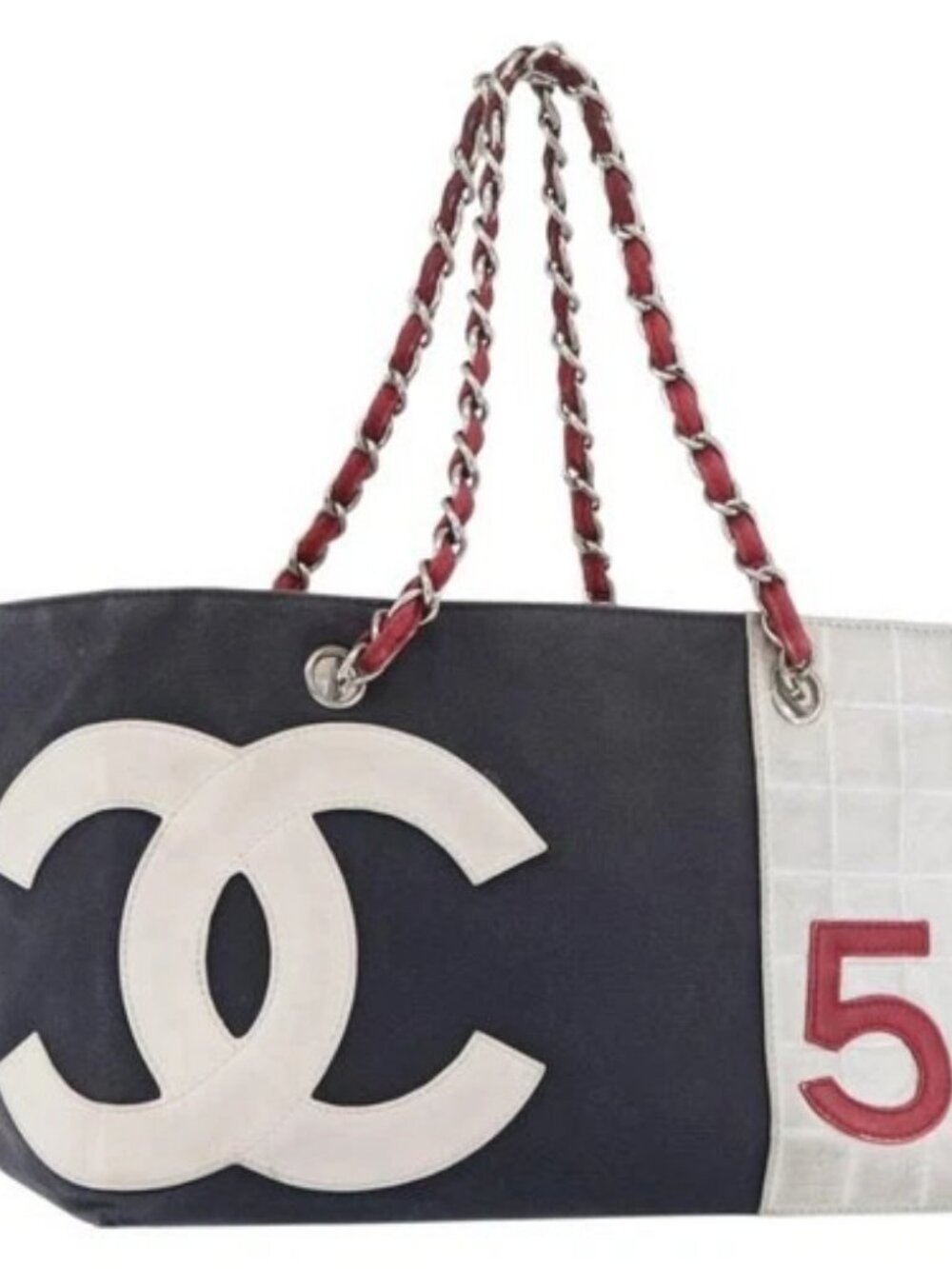 CHANEL Choco Bar Chain Tote Bag No5 Canvas Navy Silver CC Auth 176537